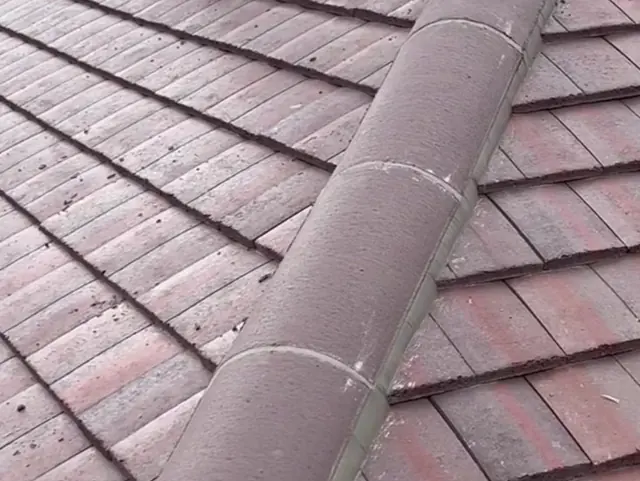 Row of newly bedded ridge tiles running along the top of a red tiled roof